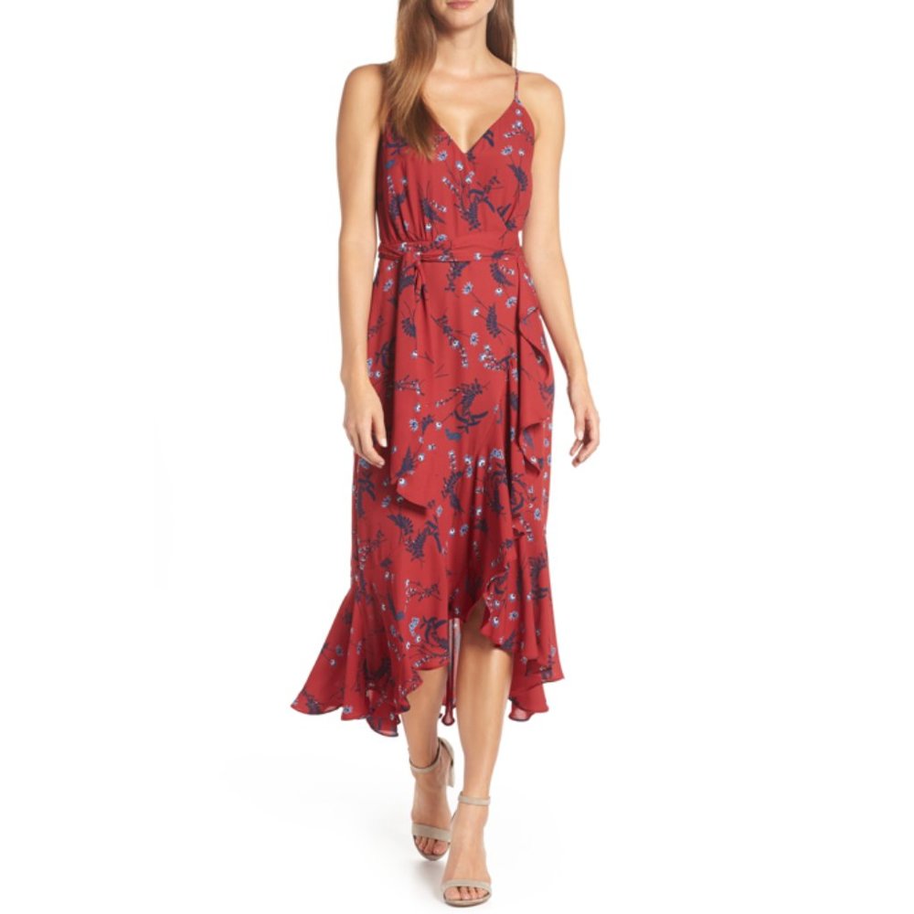 J. Crew red drapey ruffle faux-wrap dress in floral print (Size 0)